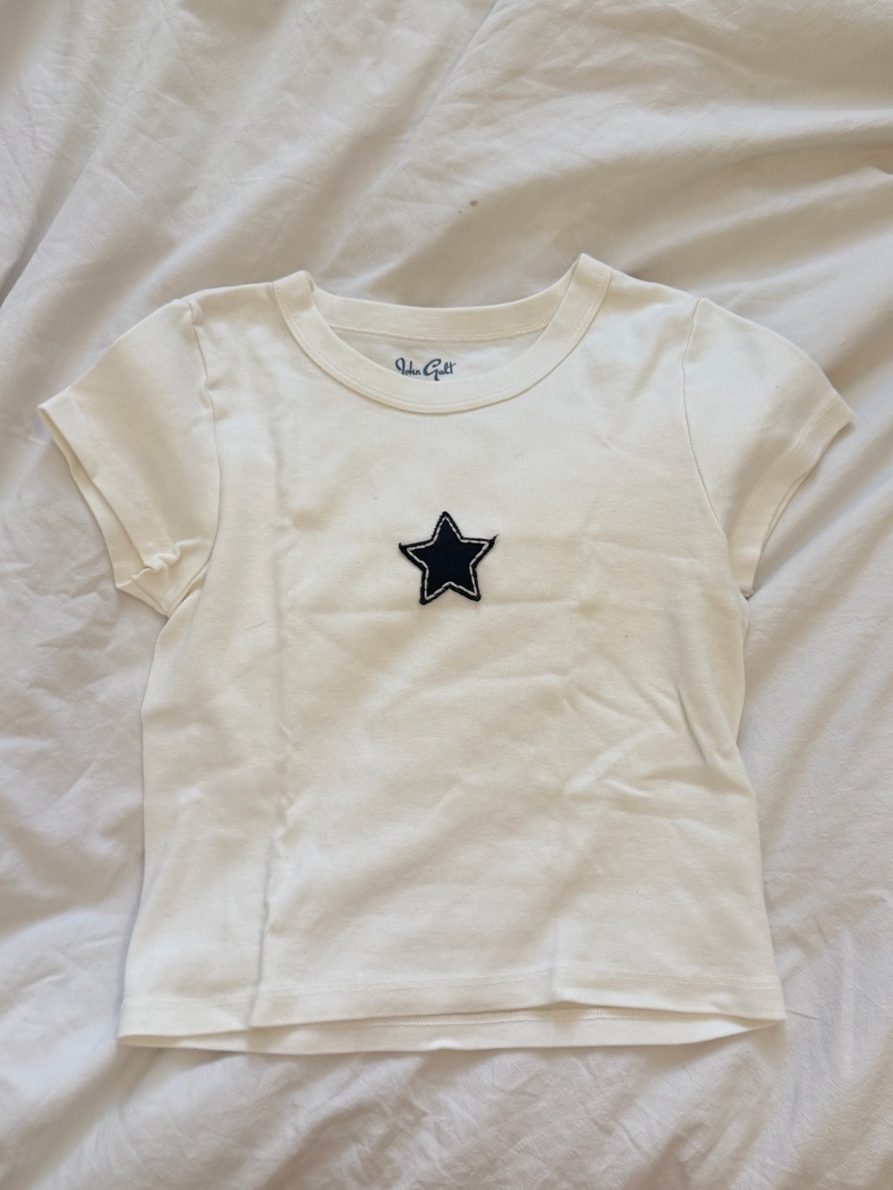 Brandy Melville White Crop Tee with Black Star Patch